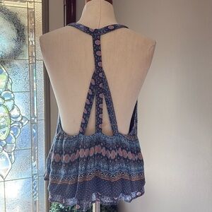 Patrons of Peace Blue boho halter top T strap open back rayon cropped size Med